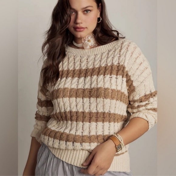 Anthropologie Pilcro Long Line Stitch Sweater Brown & White Striped Loose Knit - Picture 1 of 10